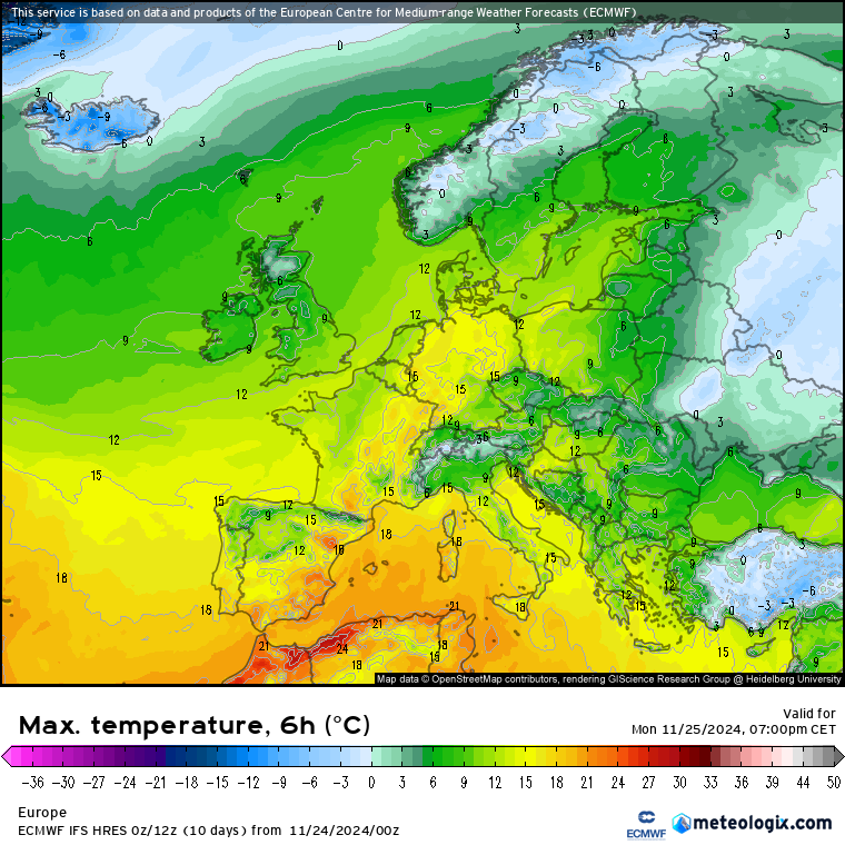 Temperatura maksymalna w Europie, prognoza na 25 listopada