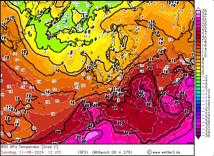 Prognozowana temperatura 11 sierpnia na wysokości 1,5 km