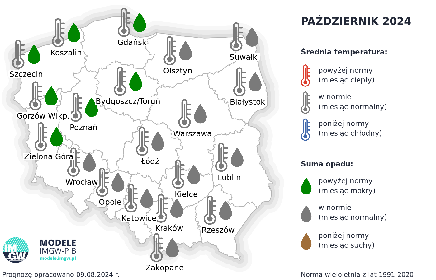 Prognoza średniej miesięcznej temperatury powietrza i miesięcznej sumy opadów atmosferycznych na październik 2024 r. dla wybranych miast w Polsce