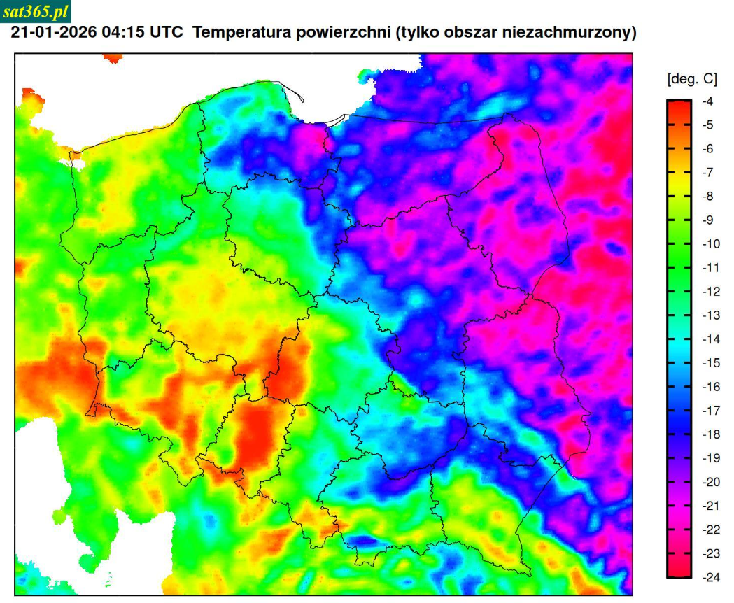 Temperatura powierzchnio godzinie 4.15 w środę (21.01)
