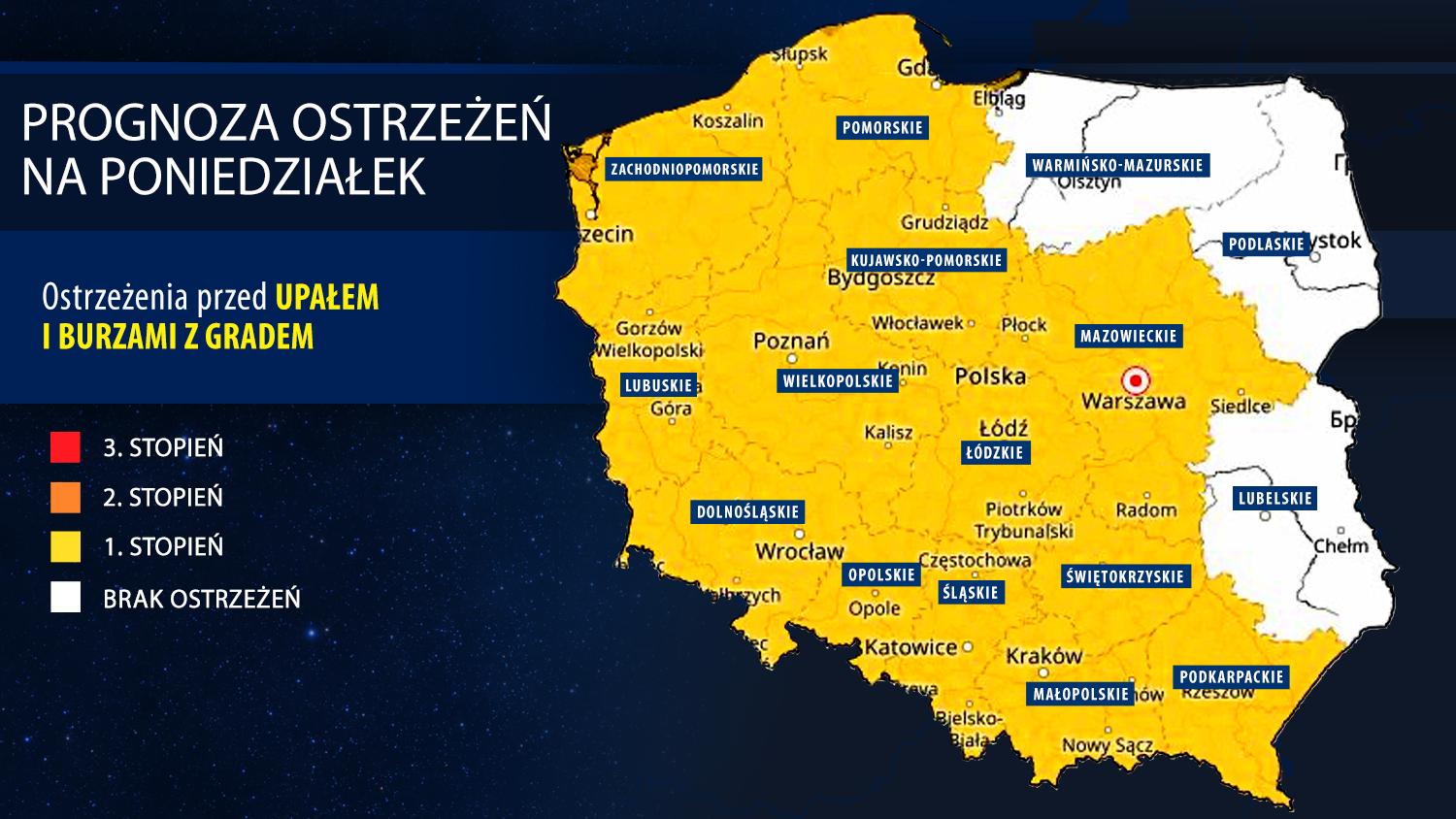 Prognoza zagrożeń IMGW na poniedziałek