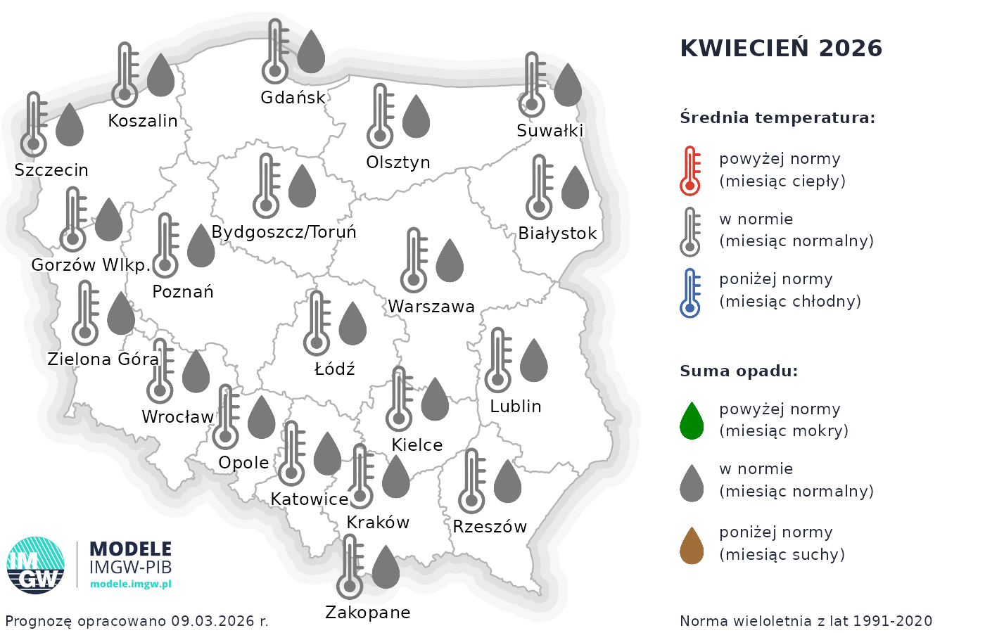 Prognoza średniej miesięcznej temperatury powietrza i miesięcznej sumy opadów atmosferycznych dla wybranych miast w Polsce na kwiecień 2026