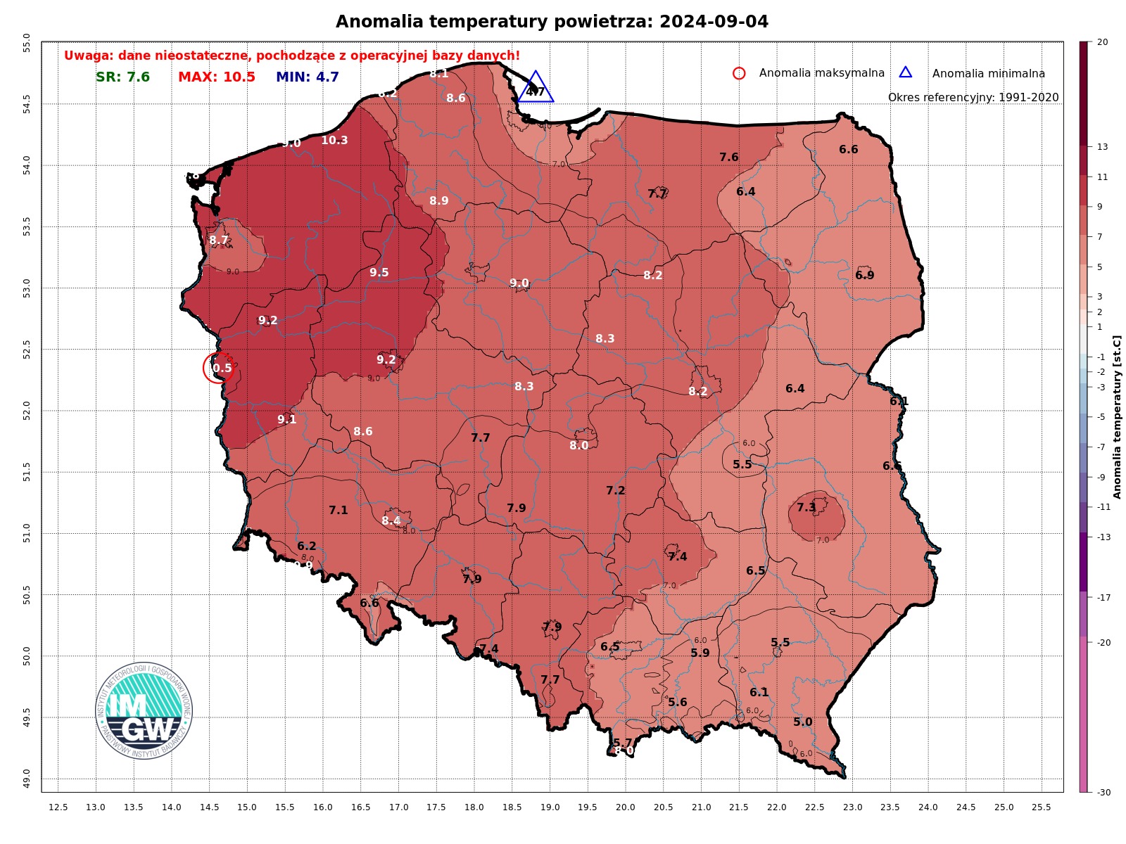 Anomalia temperatury powietrza w dniu 4 września