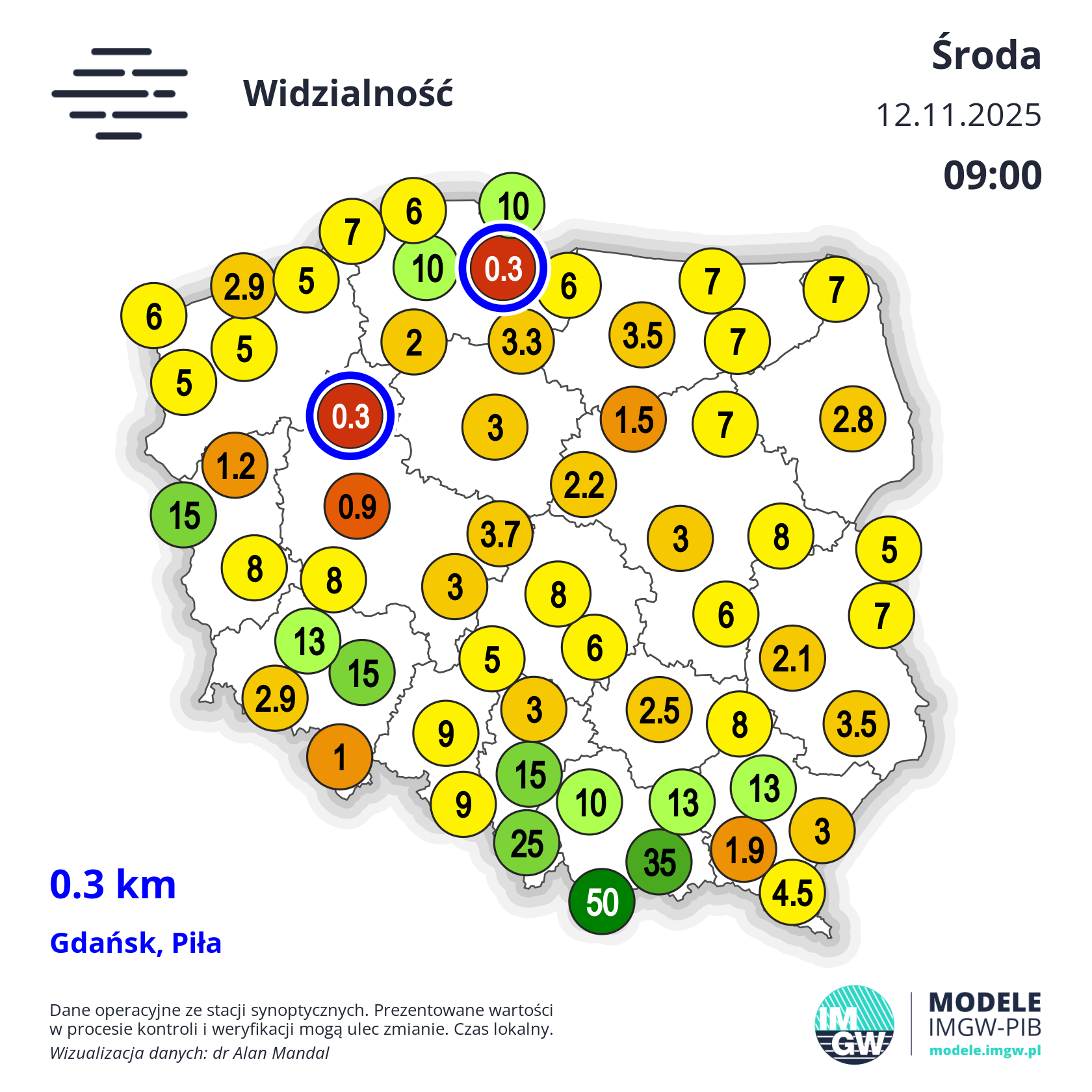 Widzialność w Polsce w środę, 12 listopada (godz. 9)