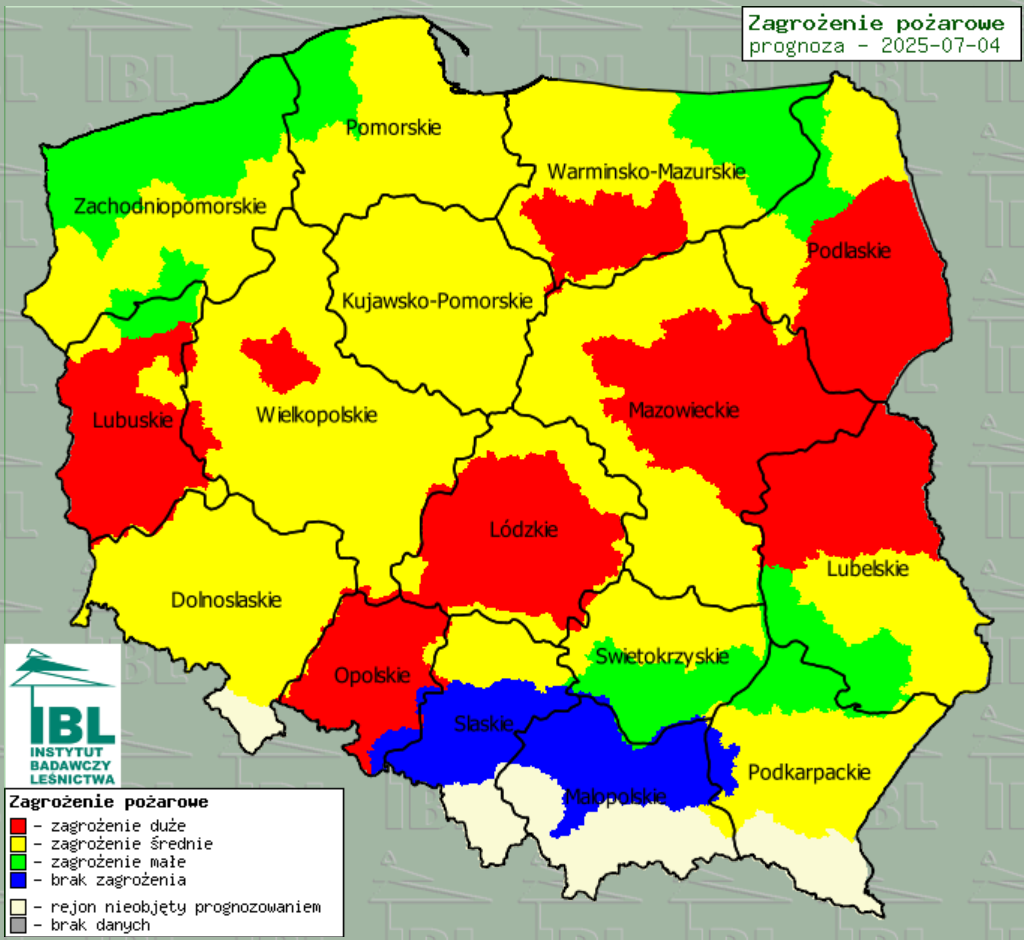 Zagrożenie pożarowe w lasach 4 lipca (stan na godz. 13.00)