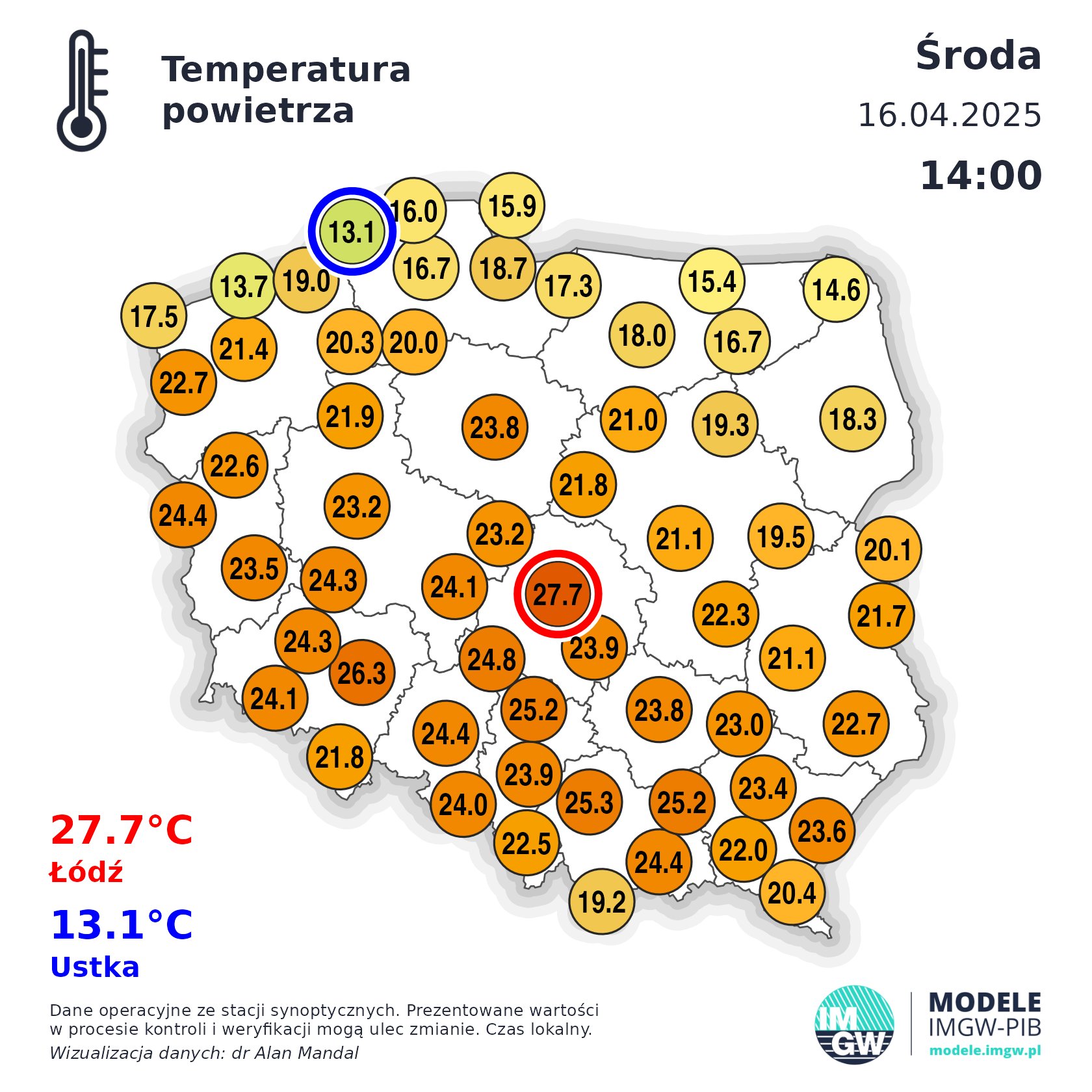 Temperatura powietrza w środę 16.04 w Polsce