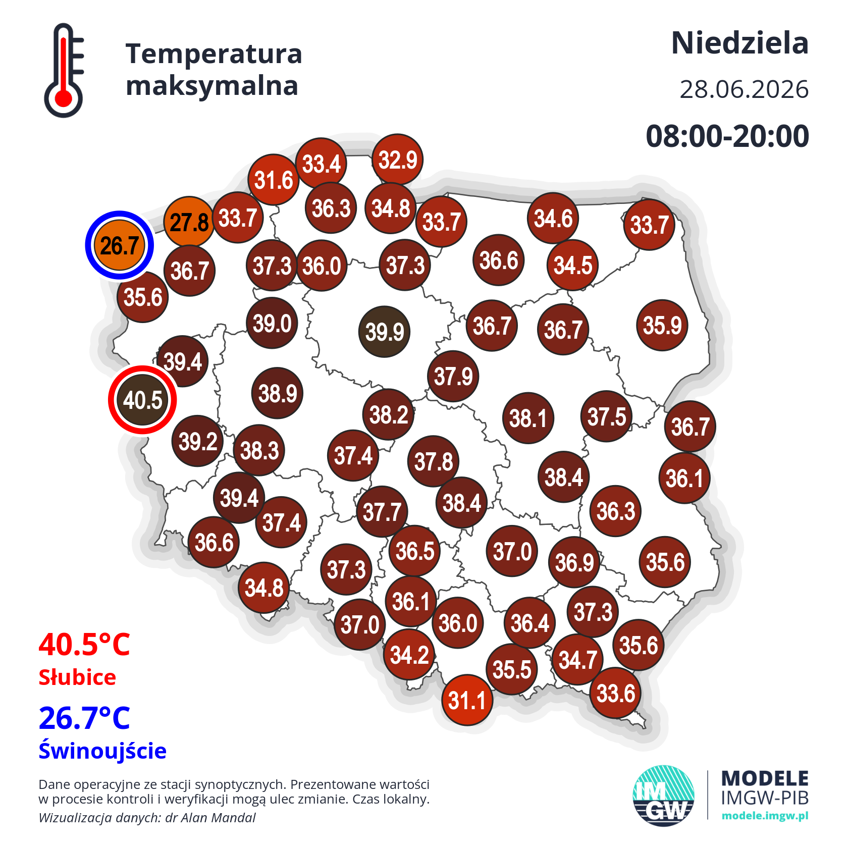Temperatura maksymalna w niedzielę 28.06.2026