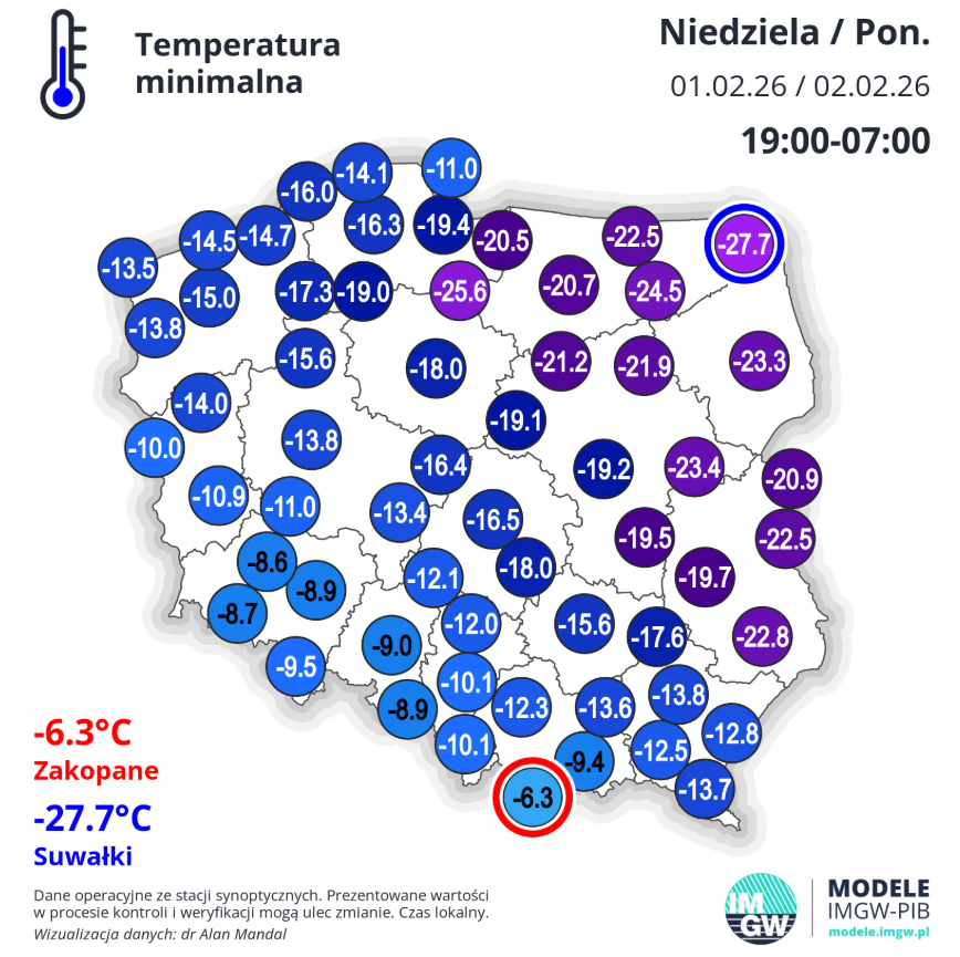Temperatura minimalna w nocy z niedzieli na poniedziałek (mapa uwzględnia jedynie wartości ze stacji synoptycznych w większych miastach)