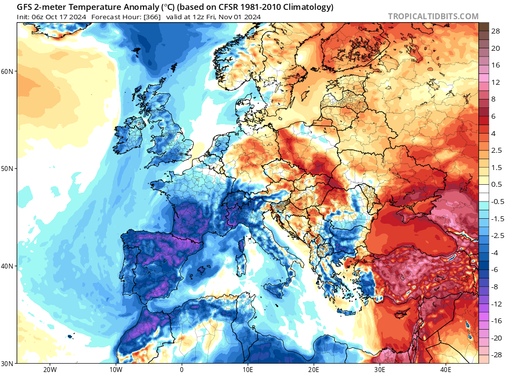Prognoza odchylenia temperatury od normy wieloletniej po południu 1 listopada, wersja z 17.10.2024