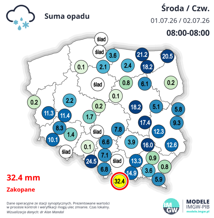Średnia suma opadów od godziny 8 w środę do godziny 8 w czwartek (główne stacje synoptyczne)