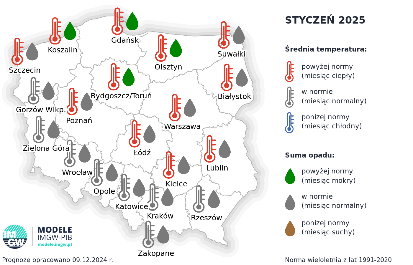 Pogoda na zimę 2024/2025. Prognoza średniej miesięcznej temperatury powietrza i miesięcznej sumy opadów atmosferycznych na styczeń 2025 r. dla wybranych miast w Polsce