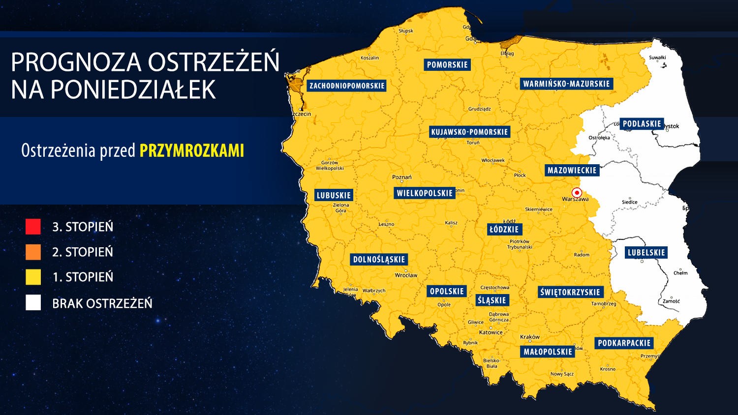 Prognoza ostrzeżeń na poniedziałek