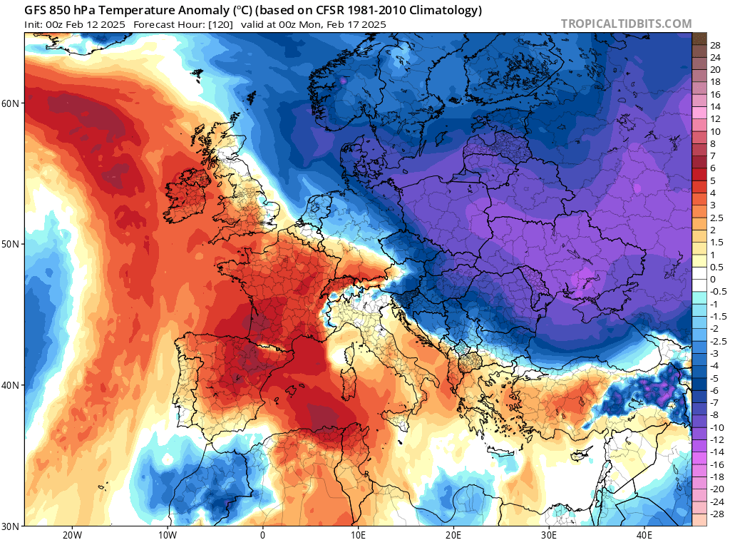 Odchylenie temperatury na wys. 1,5 km od normy na minus 