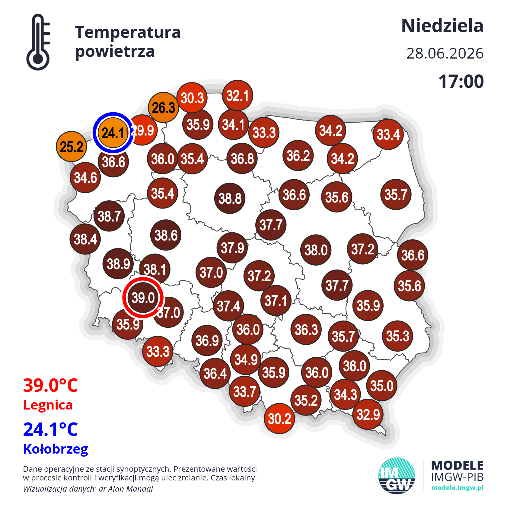Temperatura powietrza w Polsce o godzinie 17 w niedzielę