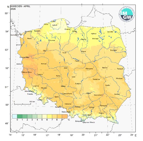 Przestrzenny rozkład średniej miesięcznej temperatury powietrza w kwietniu 2026 r.