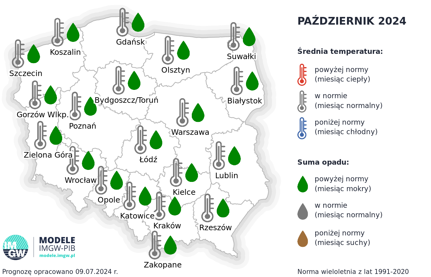 Prognoza średniej miesięcznej temperatury powietrza i miesięcznej sumy opadów atmosferycznych na październik 2024 r. dla wybranych miast w Polsce