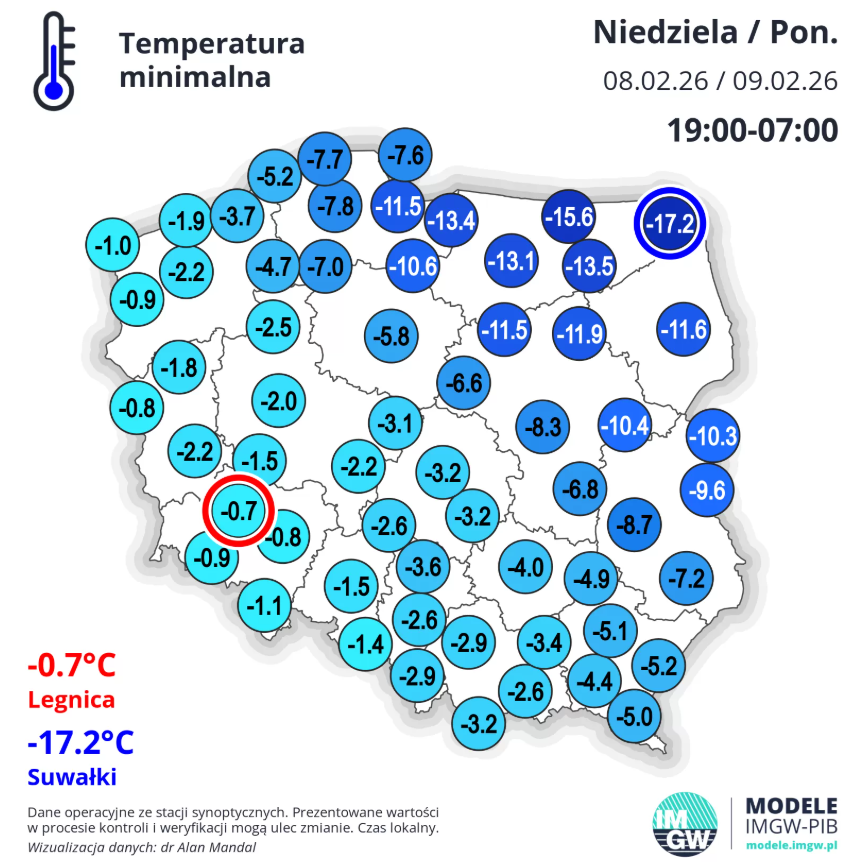 Temperatura minimalna w nocy z niedzieli 8 lutego na poniedziałek 9 lutego