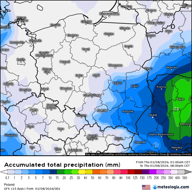 Suma opadów (w milimetrach) od godziny 2 do 20 w czwartek 8.01