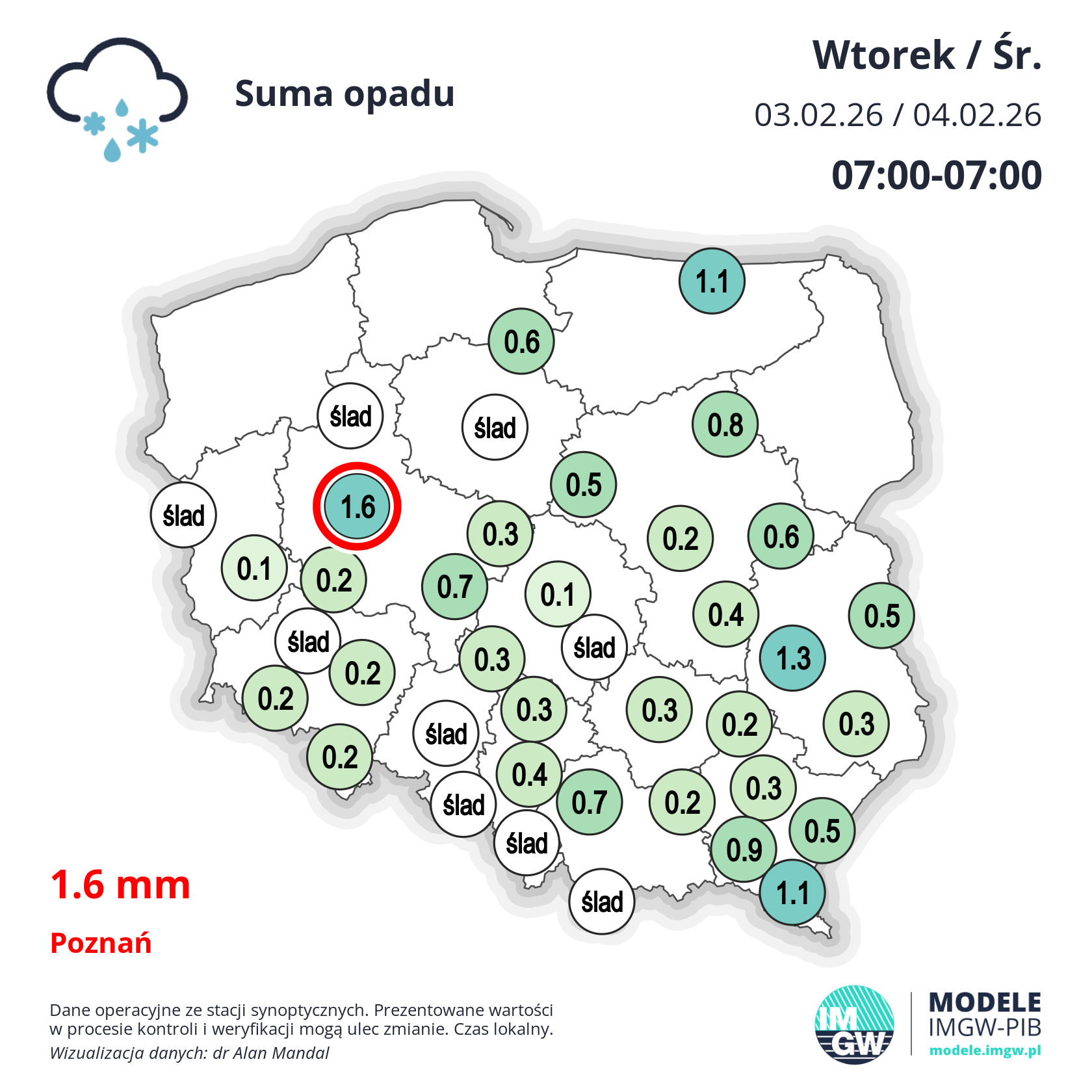 Suma dobowa opadów od wtorku od godz. 7 do środy do godz. 7