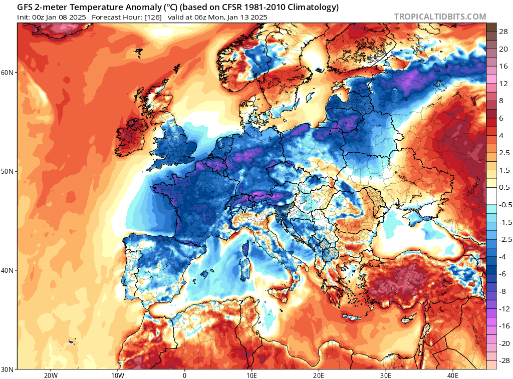 Prognozowane odchylenie temperatury od normy na minus o poranku w poniedziałek 13 stycznia