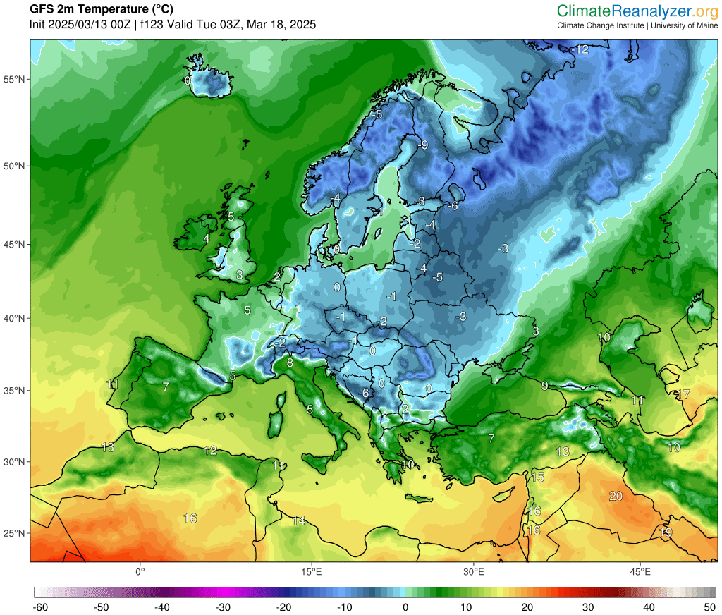 Jęzor zimna. Prognozowana temperatura na wysokości 2 metrów we wtorek 18 marca