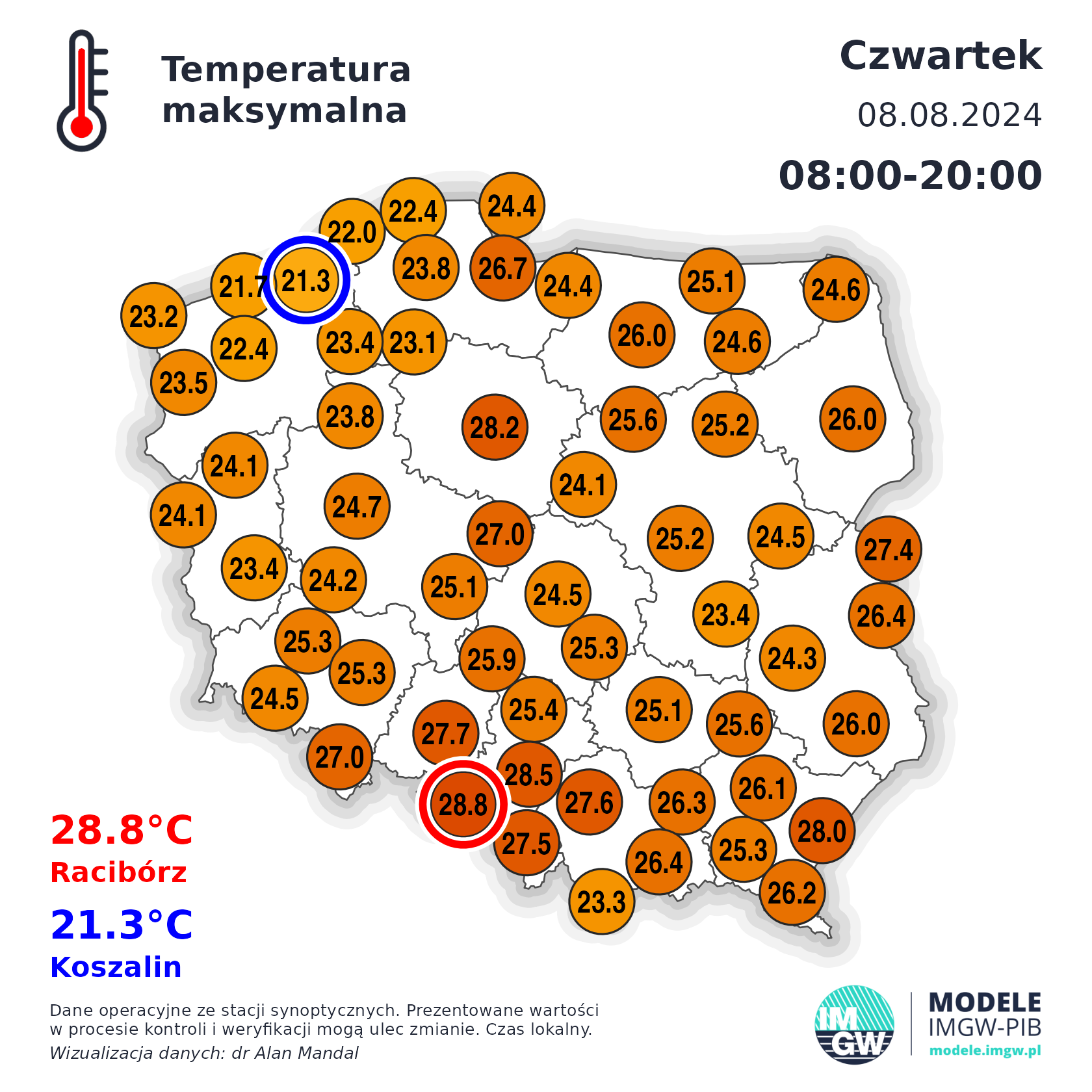Temperatura maksymalna 8 sierpnia 2024 roku
