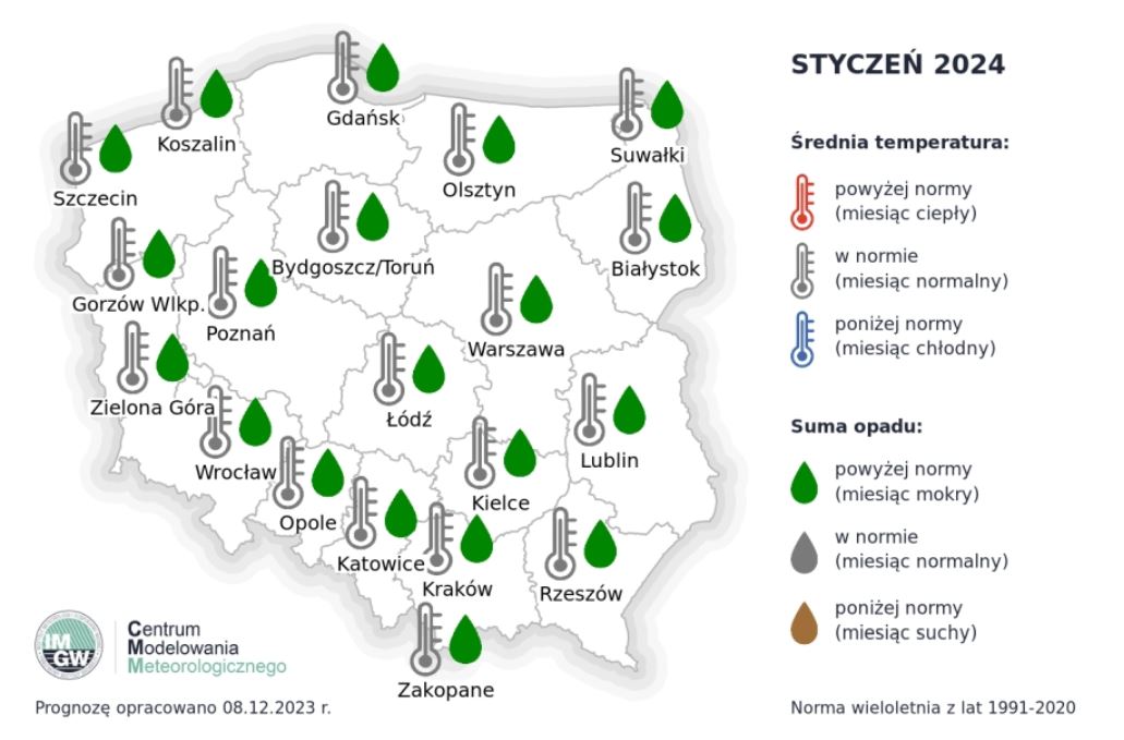 Prognoza średniej miesięcznej temperatury powietrza i miesięcznej sumy opadów atmosferycznych na styczeń 2024 r. dla wybranych miast w Polsce