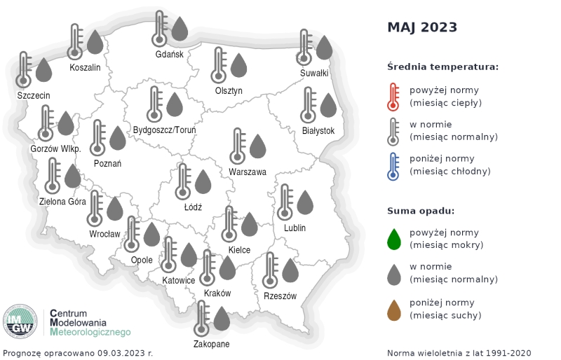 Prognoza średniej miesięcznej temperatury powietrza i miesięcznej sumy opadów atmosferycznych na maj 2023 r. dla wybranych miast w Polsce