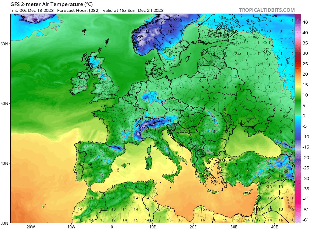Prognozowana temperatura wieczorem 24 grudnia