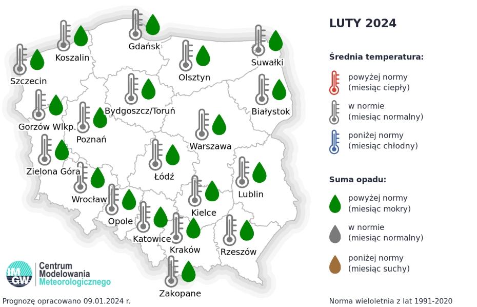 Prognoza średniej miesięcznej temperatury powietrza i miesięcznej sumy opadów atmosferycznych na luty 2024 r. dla wybranych miast w Polsce