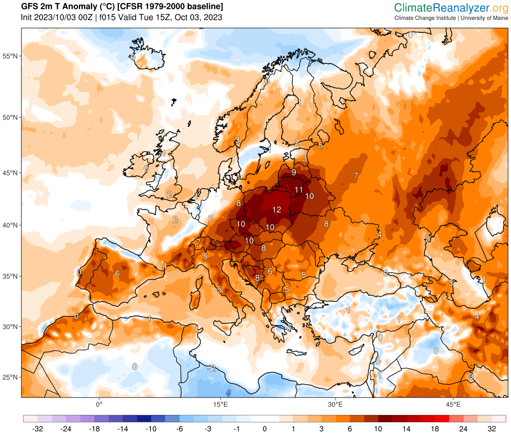 Odchylenie średniej temperatury od normy 3 października