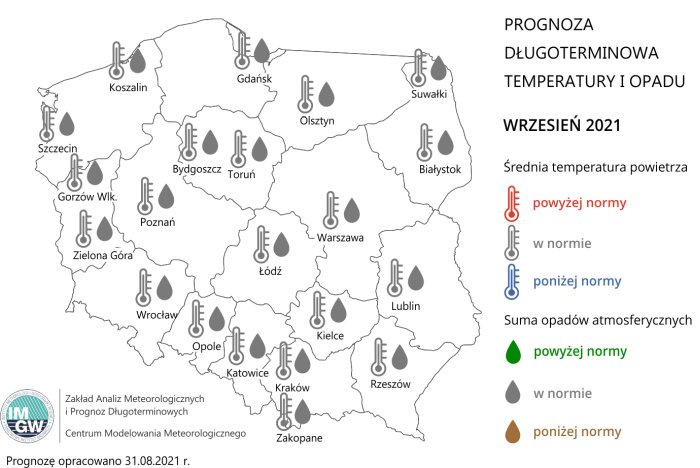 Prognoza długoterminowa temperatury i opadu we wrześniu 2021