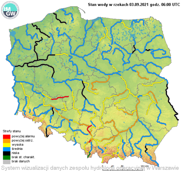 Stan wody w rzekach 3 września 2021 o godzinie 8
