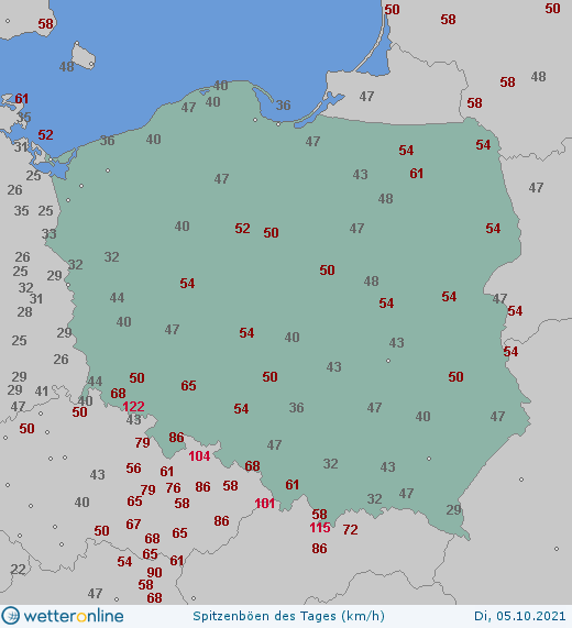 Najsilniejsze porywy wiatru we wtorek w Polsce