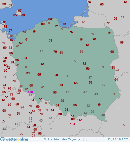 Najsilniejsze porywy wiatru w piątek w Polsce