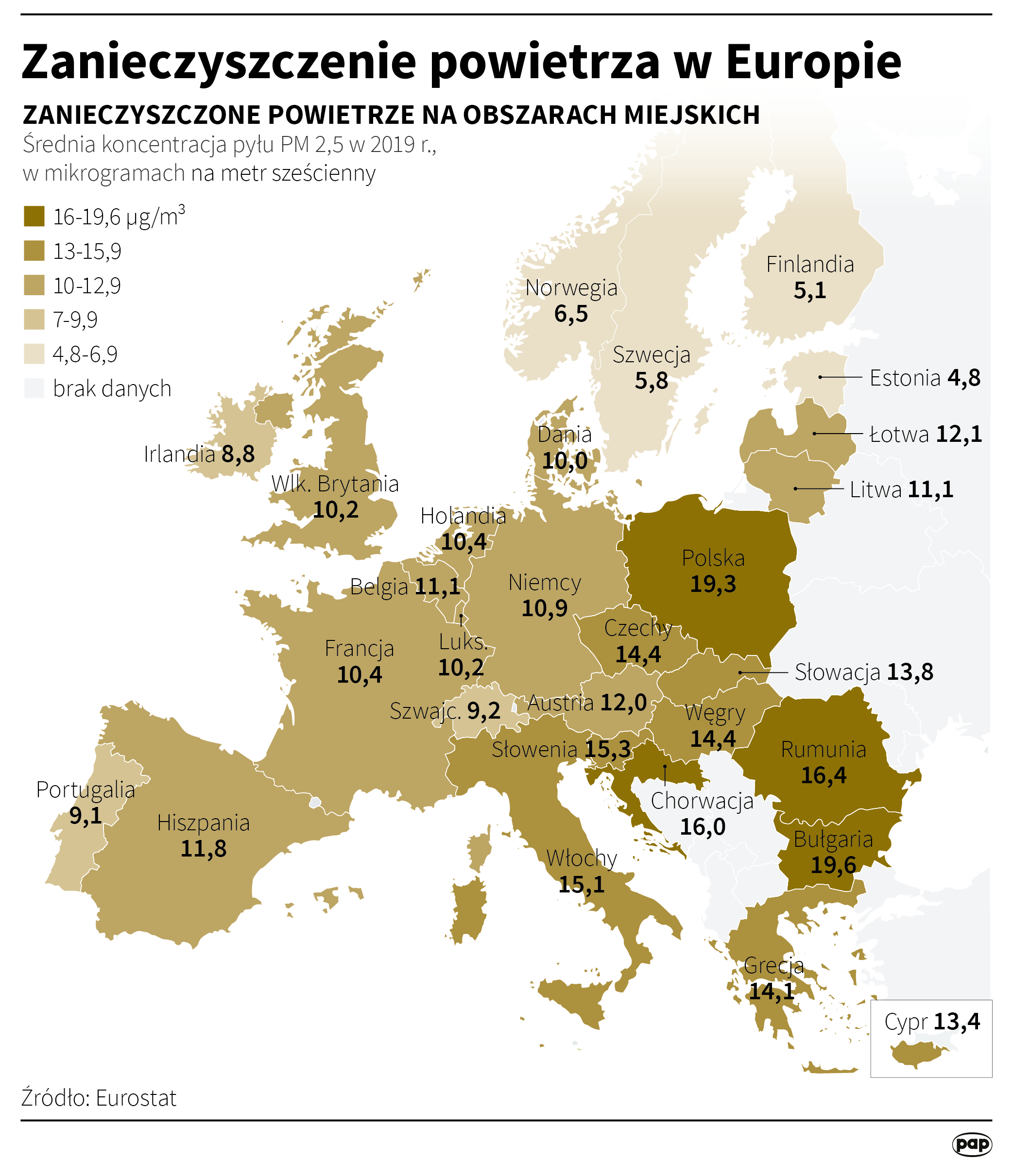 Zanieczyszczone powietrze w Europie w 2019 roku