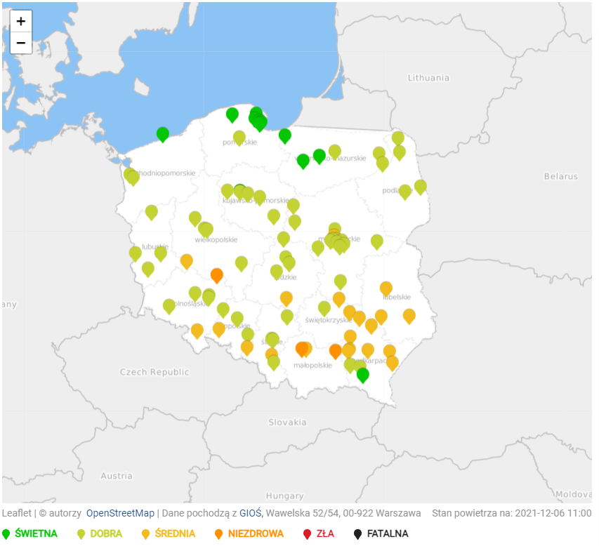 Stężenie pyłu PM2,5 ok. godz. 12