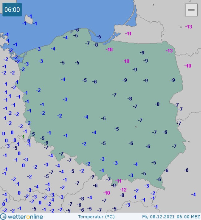 Temperatura w Polsce 8.12.2021 o godz. 6