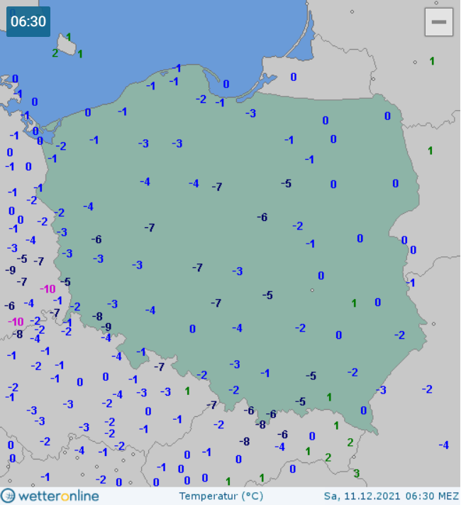 Temperatura w Polsce 11.12 ok. godz. 6.30