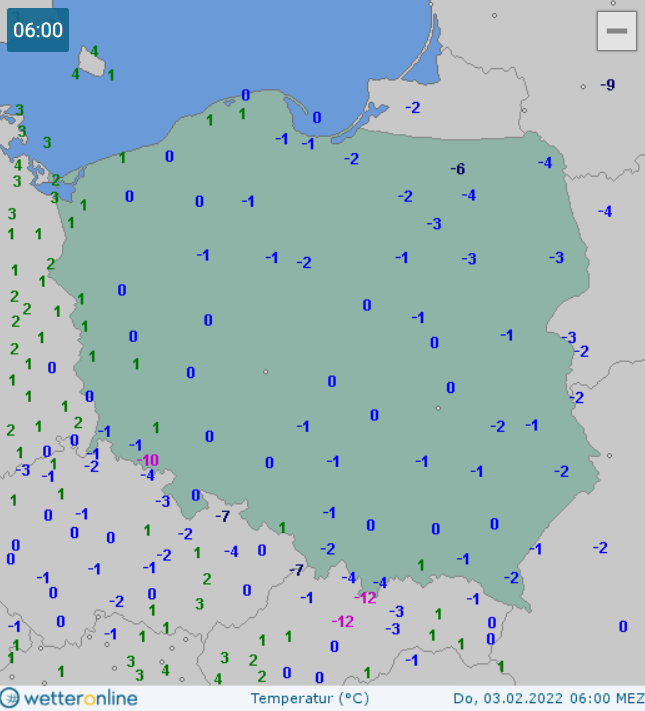 Temperatura w Polsce 03.02.2022 ok. godz. 6