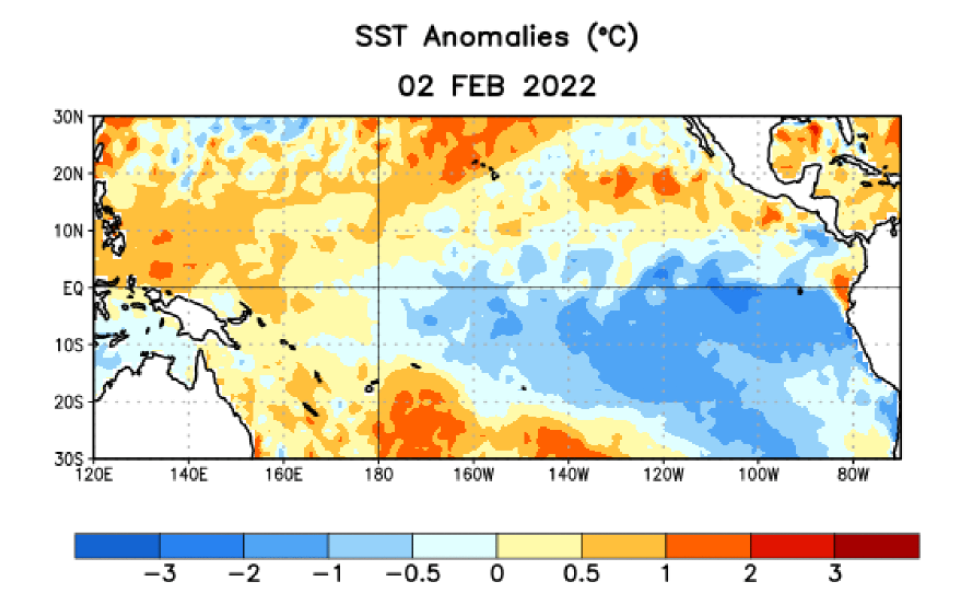 Anomalie temperatury na Pacyfiku 2.02.2022