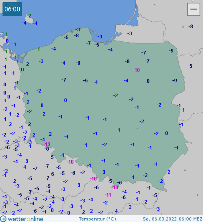 Temperatura w Polsce, 6.03.2022 ok. godz. 6