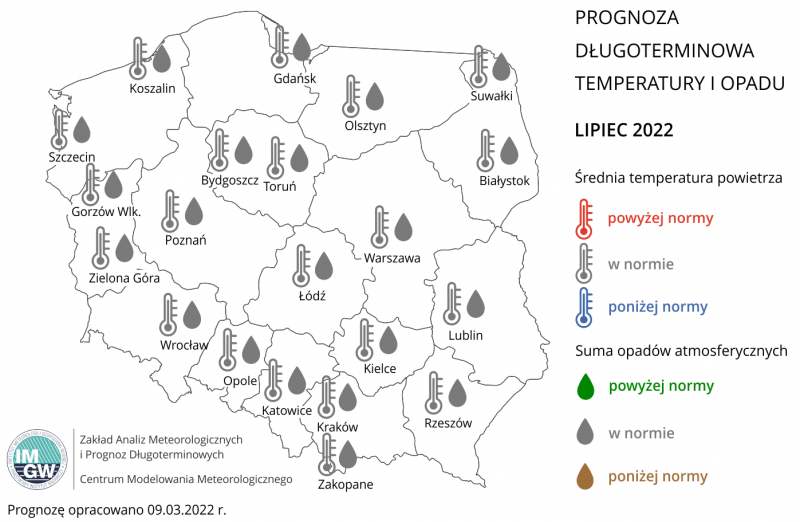 Prognoza średniej miesięcznej temperatury powietrza i miesięcznej sumy opadów atmosferycznych na lipiec 2022 r. dla wybranych miast w Polsce