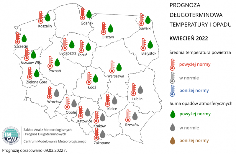 Prognoza średniej miesięcznej temperatury powietrza i miesięcznej sumy opadów atmosferycznych na kwiecień 2022 r. dla wybranych miast w Polsce