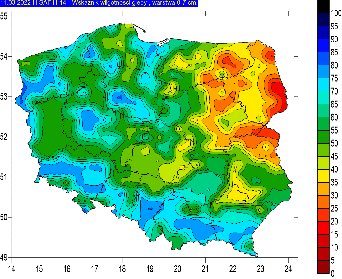 Wskaźnik wilgotności gleby w warstwie do 7 cm (11 marca)