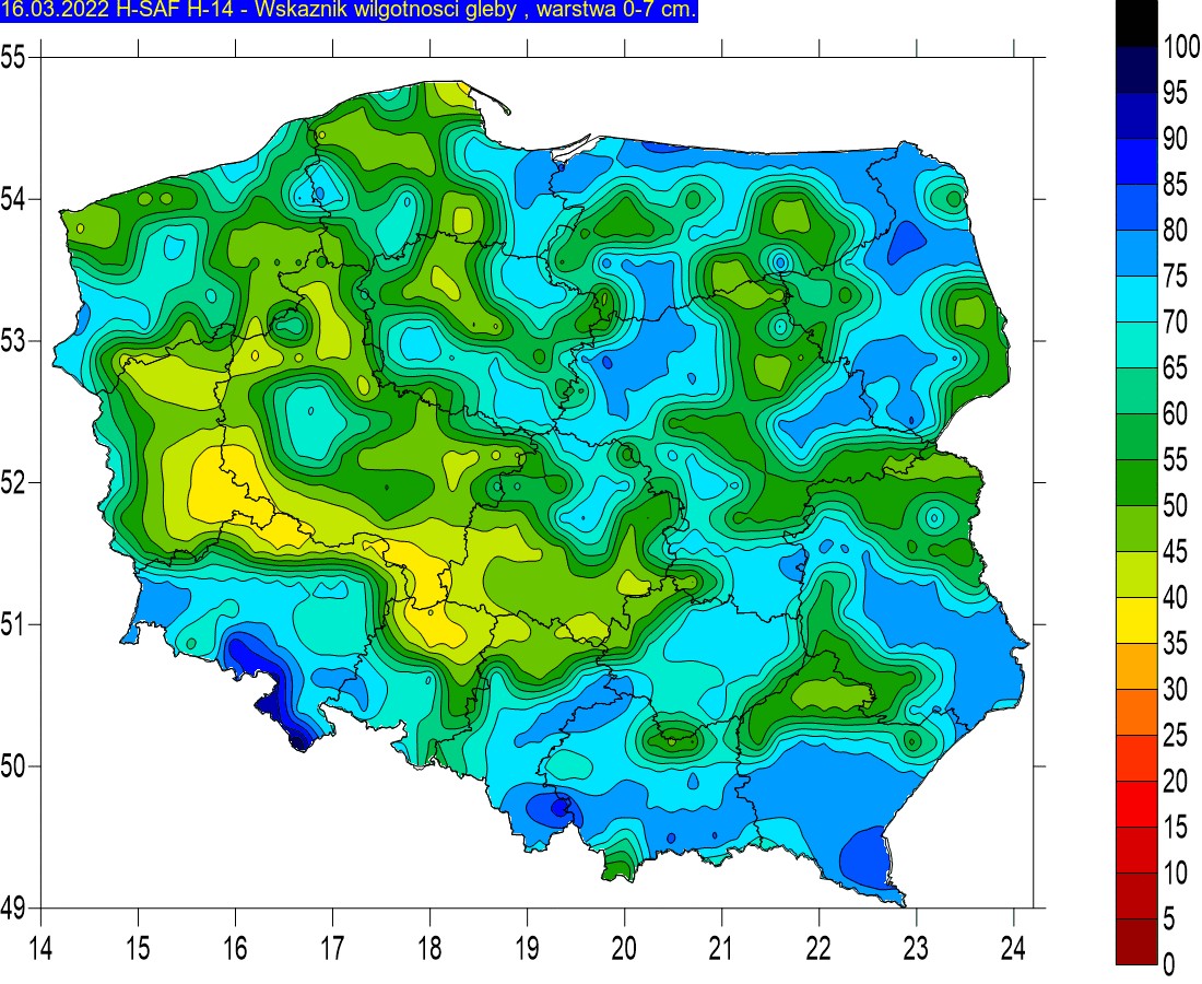 Wskaźnik wilgotności gleby w warstwie do 7 cm (16 marca)