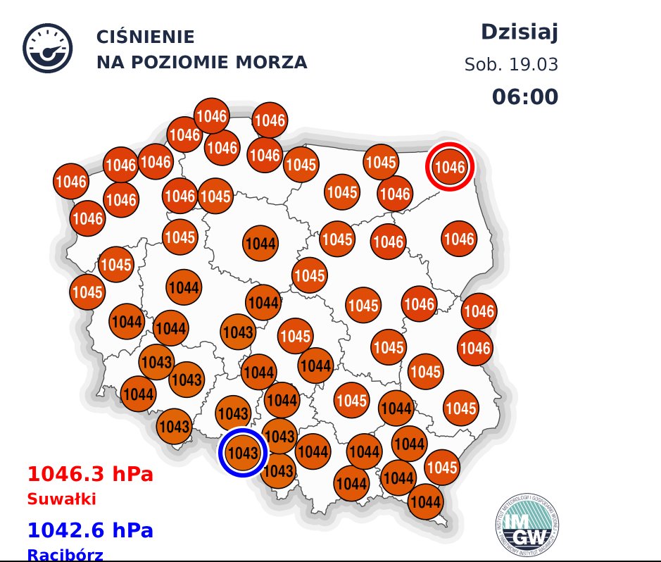 Ciśnienie atmosferyczne na poziomie morza w sobotę o godz. 6