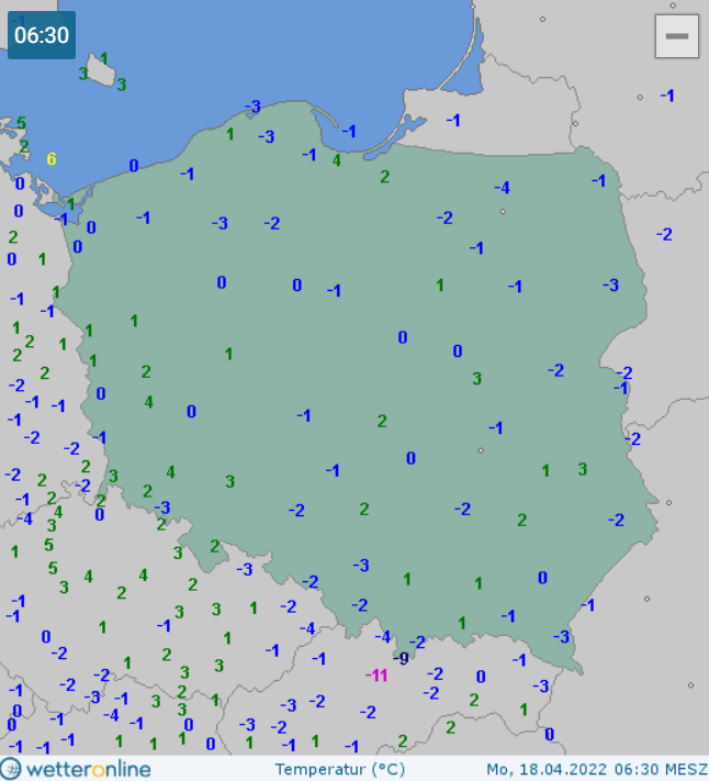 Temperatura w poniedziałek ok. godz. 6.30