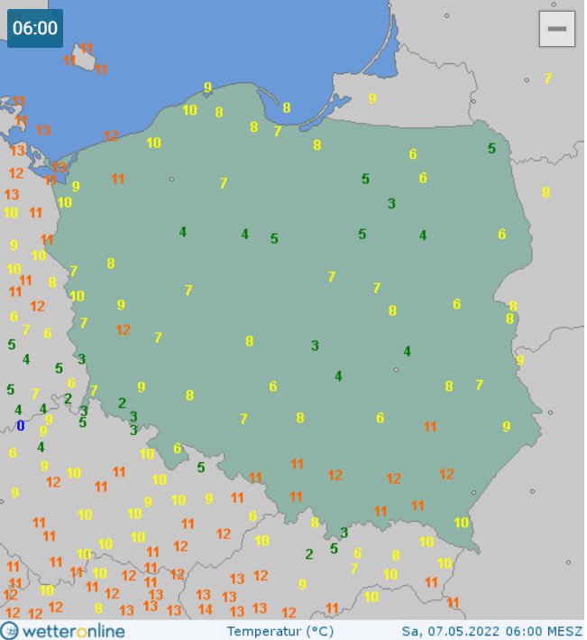Temperatura w Polsce 7.05.2022 ok. godz. 6