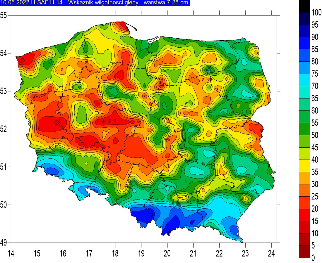 Wskaźnik wilgotności gleby w warstwie 7-28 cm, 10 maja